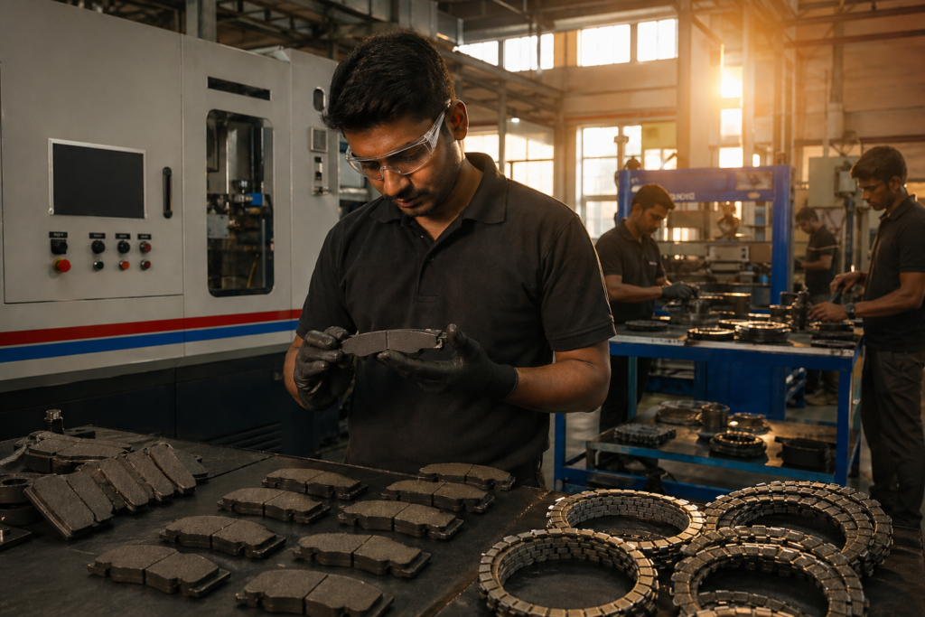 Motorcycle brake pads and clutch parts being manufactured in an automotive factory