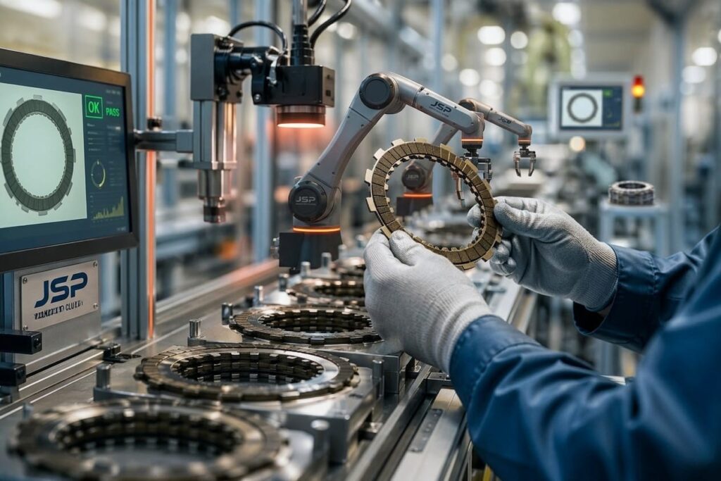 Automotive clutch plate precision inspection and quality check process at JSP Brakes manufacturing facility