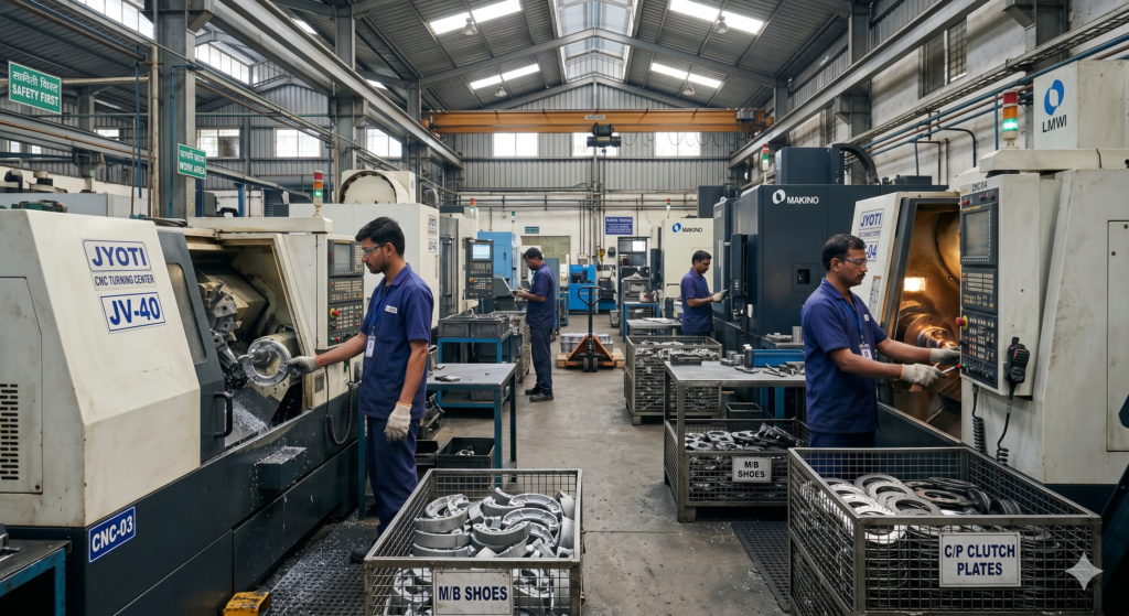 Industrial motorcycle brake shoe manufacturing and quality control process at JSP factory