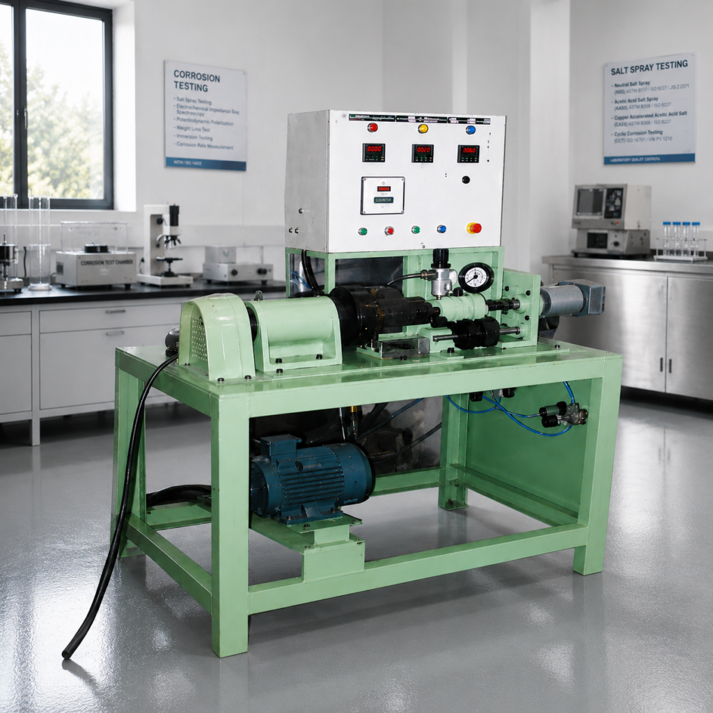 Industrial brake lining friction test rig machine with control panel and motor mounted.